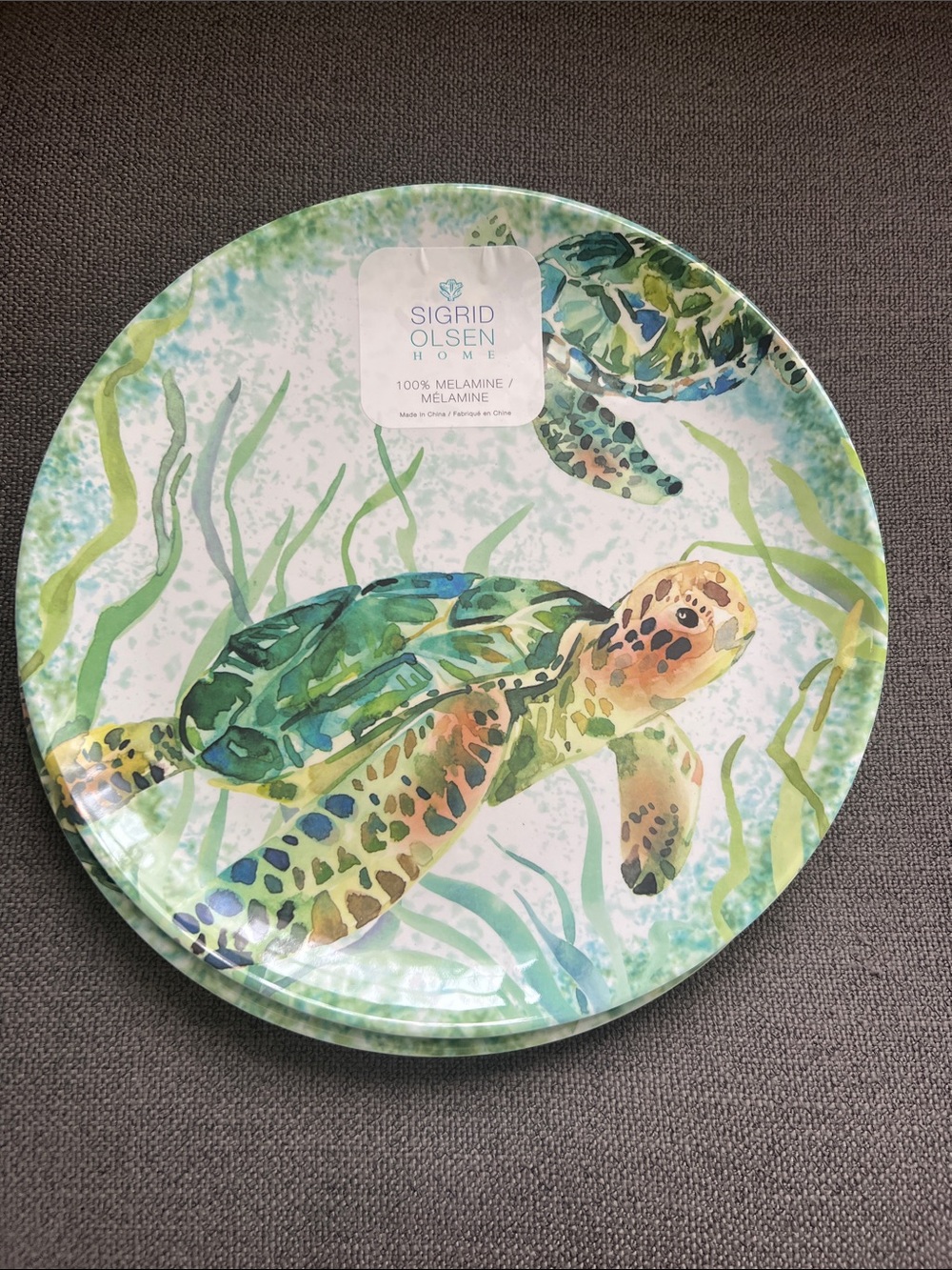 Sigrid  Olsen Sea Turtle Melamine Dinner Plates Set 4 Blue Coastal Beach 10.5”